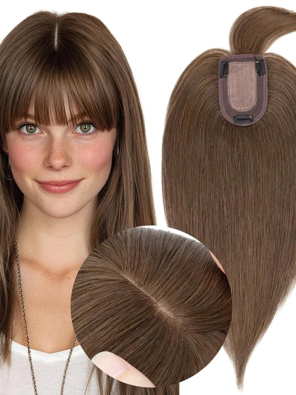 MY-LADY Human Hair Toppers for Women Real Human Hair with Bangs Thin 7 * 13CM